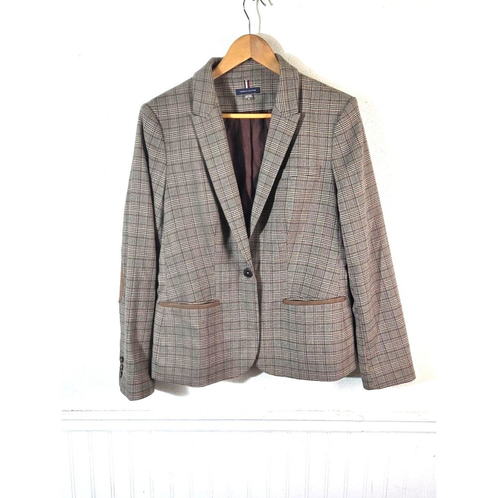Tommy Hilfiger Women’s Size 16 Plaid Blazer Brown Elbow Patch Academia Jacket